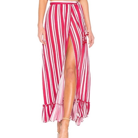 Lovers + Friends | Red/White Stripe Beach Pom Pom Ruffle Maxi Wrap Skirt - Picture 2 of 11